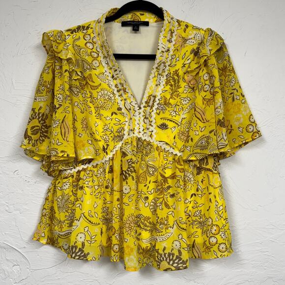 Marc New York Yellow Floral Ruffled Blouse Womens M Ric Rac Peasant Shirt Top - Picture 1 of 13